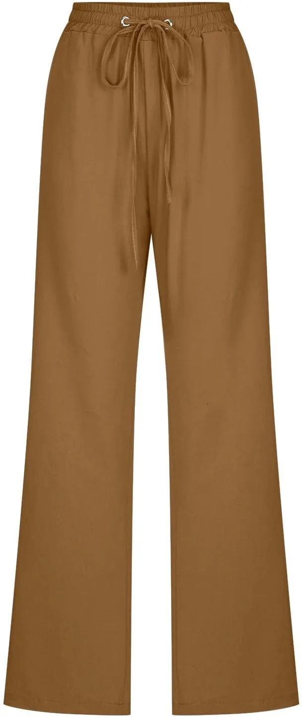 Womens Tapered Pants Cotton Linen Drawstring Elastic Waist Lounge Pants Casual Straight Leg Trousers with Pockets