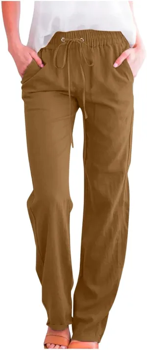 Womens Tapered Pants Cotton Linen Drawstring Elastic Waist Lounge Pants Casual Straight Leg Trousers with Pockets