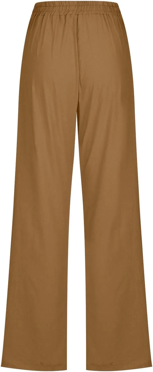 Womens Tapered Pants Cotton Linen Drawstring Elastic Waist Lounge Pants Casual Straight Leg Trousers with Pockets