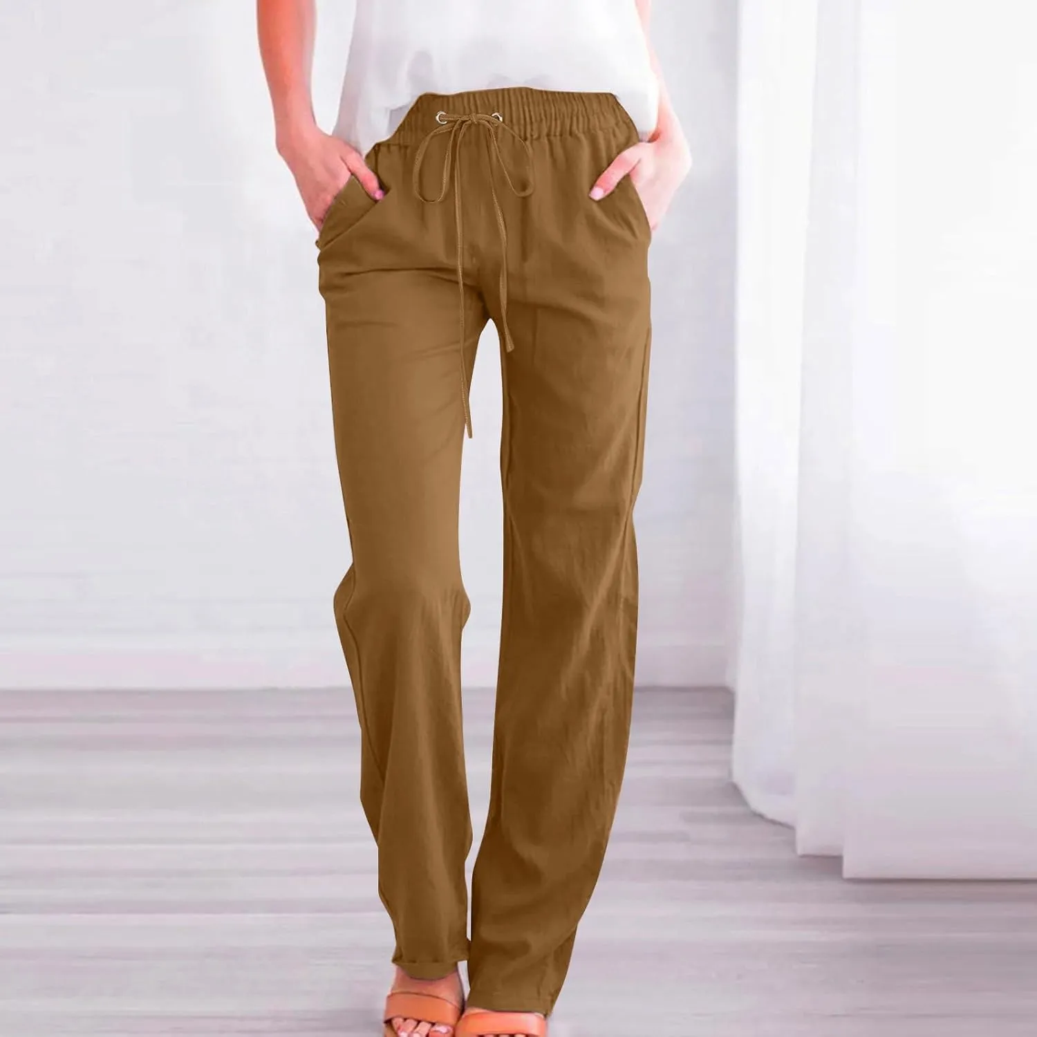 Womens Tapered Pants Cotton Linen Drawstring Elastic Waist Lounge Pants Casual Straight Leg Trousers with Pockets