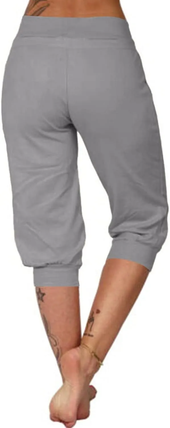 Womens Tapered Sweatpants Solid Color Elastic Waist Drawstring Capri Pants Running Yoga Trousers with Pockets