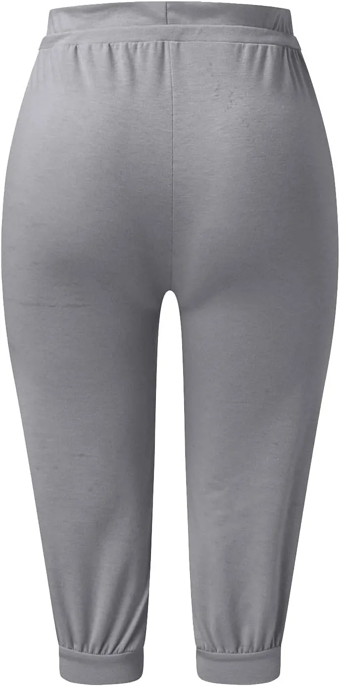 Womens Tapered Sweatpants Solid Color Elastic Waist Drawstring Capri Pants Running Yoga Trousers with Pockets