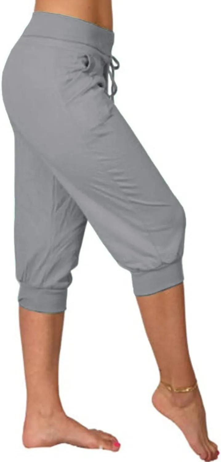 Womens Tapered Sweatpants Solid Color Elastic Waist Drawstring Capri Pants Running Yoga Trousers with Pockets
