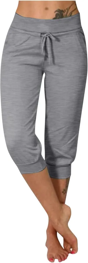 Womens Tapered Sweatpants Solid Color Elastic Waist Drawstring Capri Pants Running Yoga Trousers with Pockets