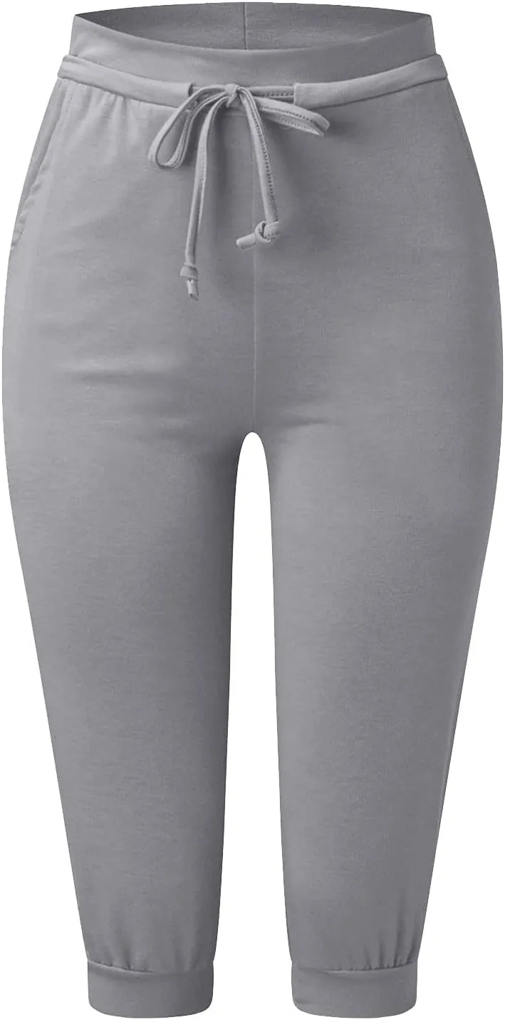 Womens Tapered Sweatpants Solid Color Elastic Waist Drawstring Capri Pants Running Yoga Trousers with Pockets