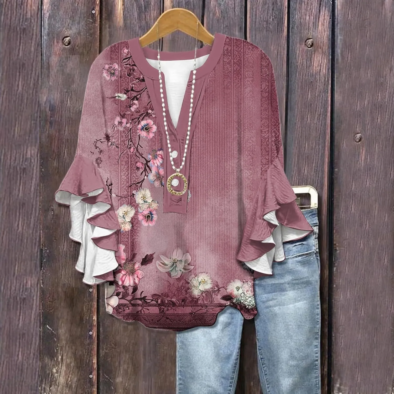 Womens Tops 3/4 Length Sleeves Floral Shirt Flowy Ruffle Sleeve Tops Half Casual Button Down Shirts Summer V Neck Blouse