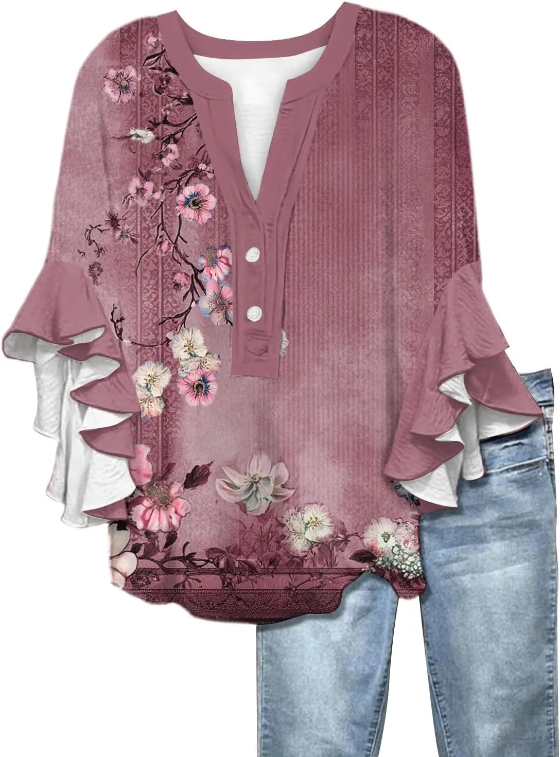 Womens Tops 3/4 Length Sleeves Floral Shirt Flowy Ruffle Sleeve Tops Half Casual Button Down Shirts Summer V Neck Blouse