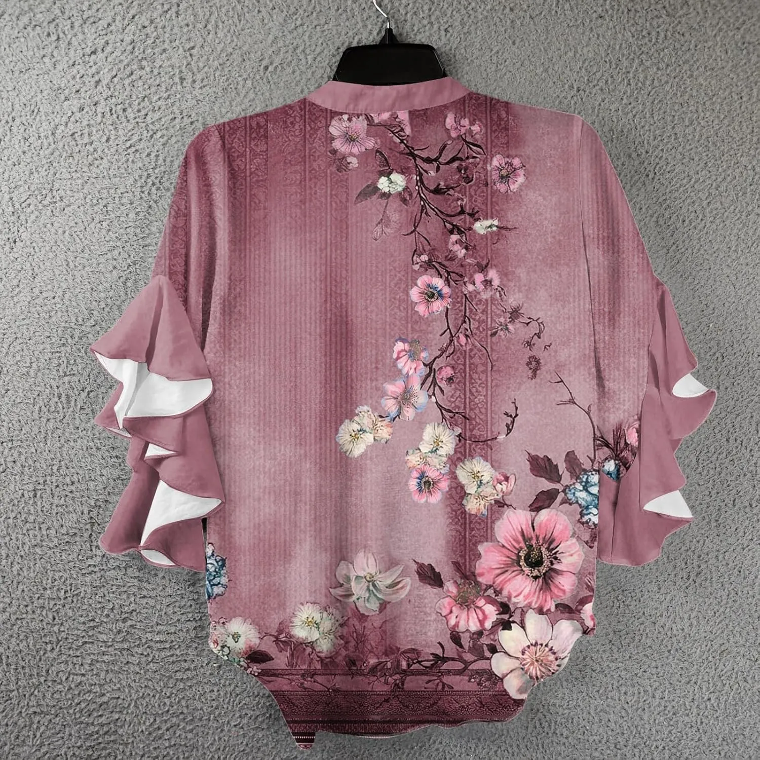 Womens Tops 3/4 Length Sleeves Floral Shirt Flowy Ruffle Sleeve Tops Half Casual Button Down Shirts Summer V Neck Blouse
