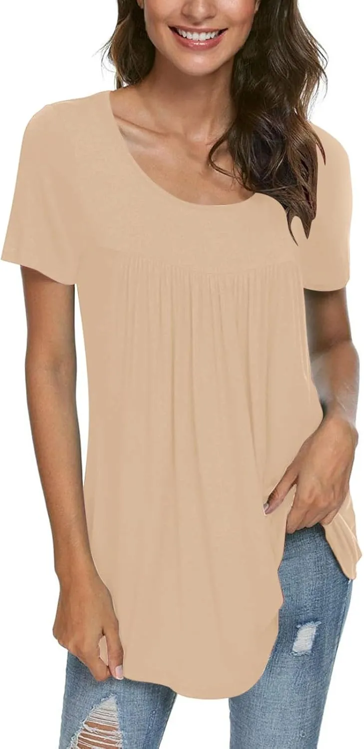 Womens Tops Casual Summer Crew Neck Short Sleeve Tunic Shirts Hide Belly Loose Flowy Tunic Blouses