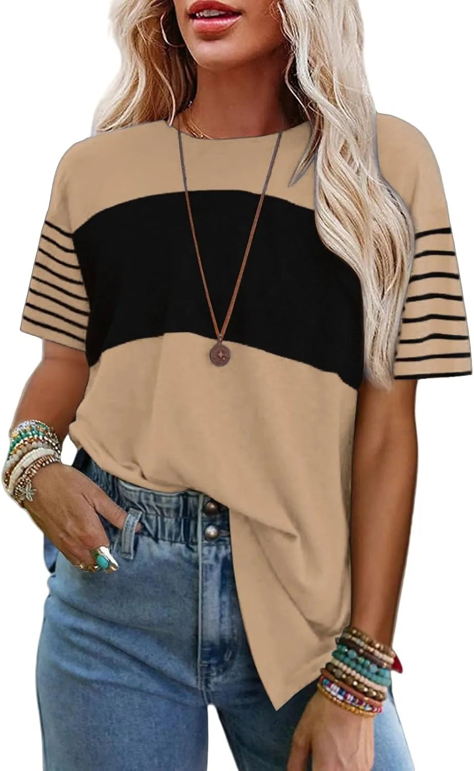 Womens Tunic Tops Oversized Crewneck Short Sleeve T Shirts Casual Color Block Striped Blouses Lightweight Summer Top