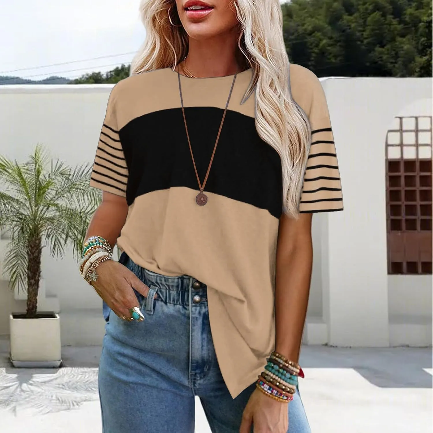 Womens Tunic Tops Oversized Crewneck Short Sleeve T Shirts Casual Color Block Striped Blouses Lightweight Summer Top