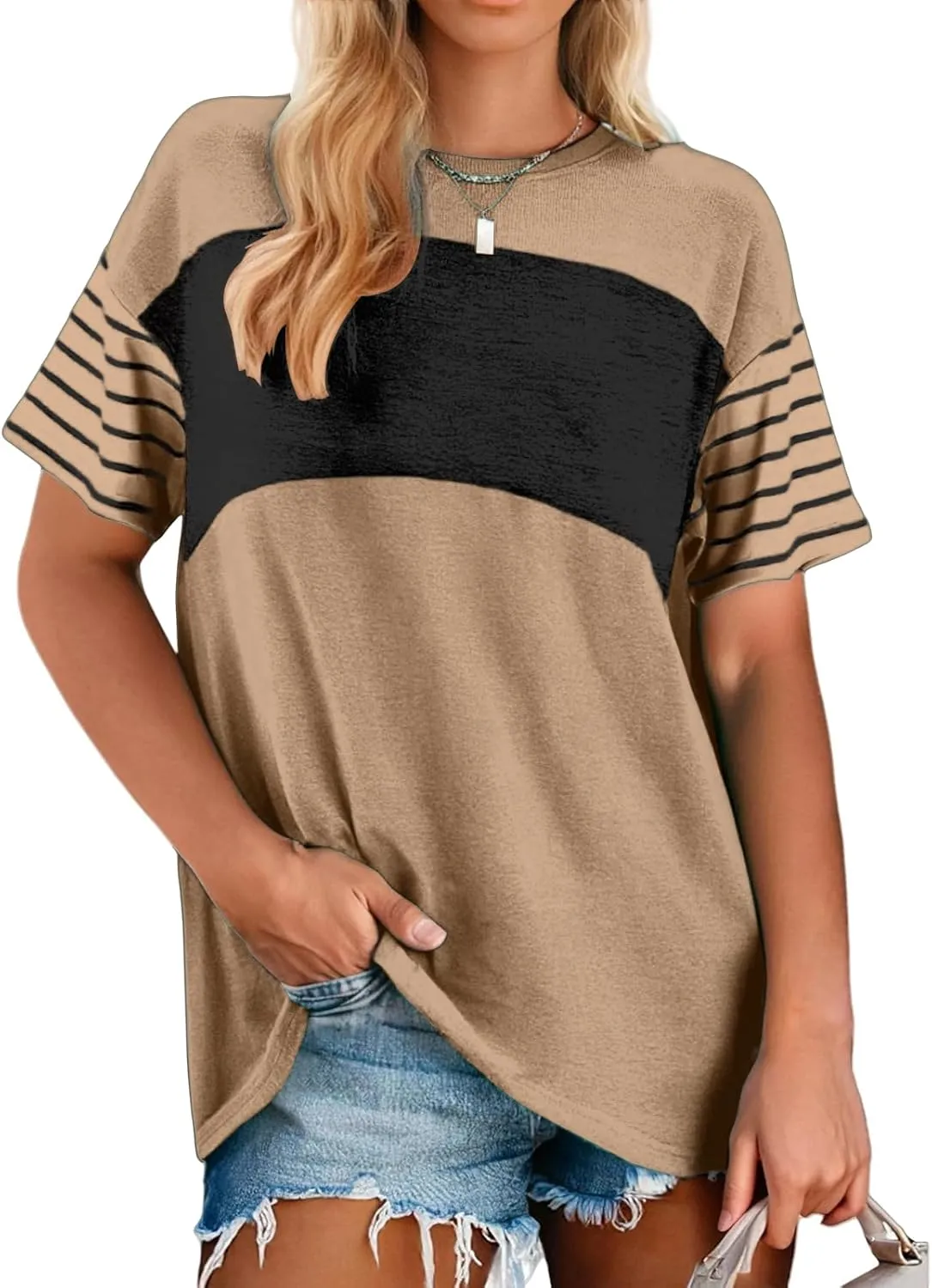Womens Tunic Tops Oversized Crewneck Short Sleeve T Shirts Casual Color Block Striped Blouses Lightweight Summer Top