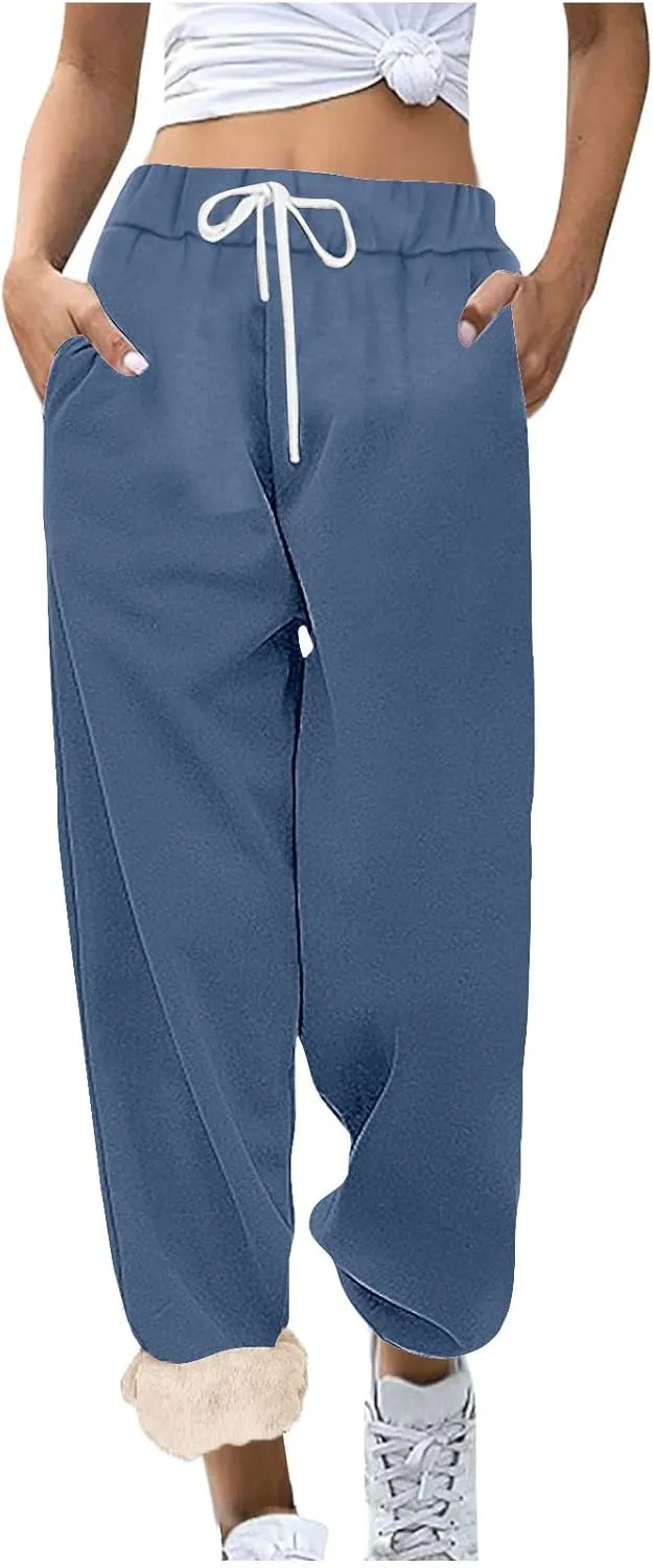 Womens Warm Sherpa Lined Sweatpants Drawstring Elastic Fleece Joggers Pants Comfy Athletic Pants with Pockets