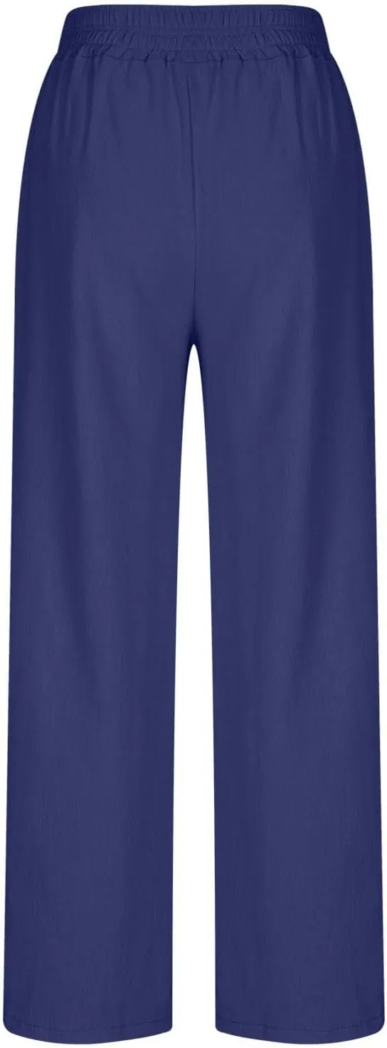 Womens Wide Leg Linen Pants 2025 Summer Casual Palazzo Pants Smocked Elastic Waist Spring Beach Trousers with Pockets