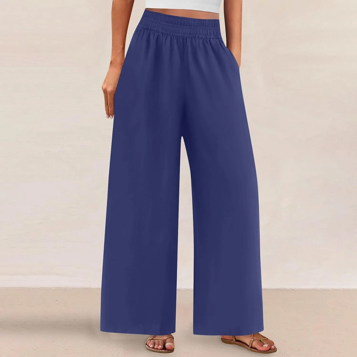 Womens Wide Leg Linen Pants 2025 Summer Casual Palazzo Pants Smocked Elastic Waist Spring Beach Trousers with Pockets