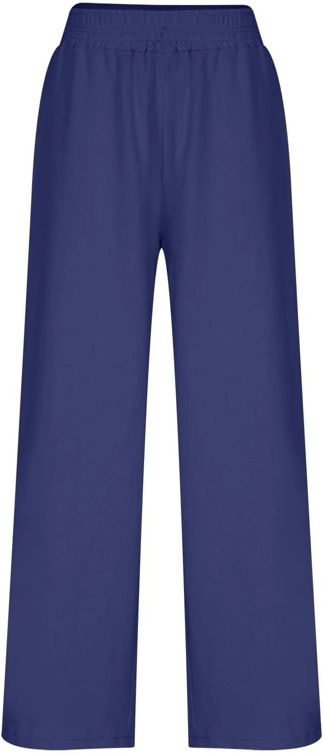 Womens Wide Leg Linen Pants 2025 Summer Casual Palazzo Pants Smocked Elastic Waist Spring Beach Trousers with Pockets