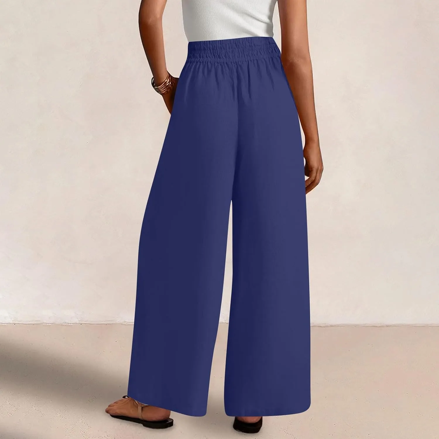 Womens Wide Leg Linen Pants 2025 Summer Casual Palazzo Pants Smocked Elastic Waist Spring Beach Trousers with Pockets