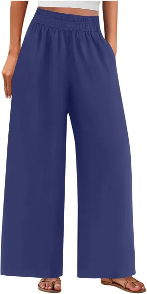 Womens Wide Leg Linen Pants 2025 Summer Casual Palazzo Pants Smocked Elastic Waist Spring Beach Trousers with Pockets