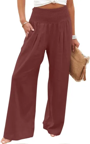 Womens Wide Leg Pants Elastic Waist Linen Pants Loose Straight Leg Pants Flowy Beach Capris Summer Resort Wear