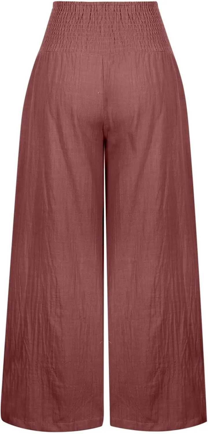 Womens Wide Leg Pants Elastic Waist Linen Pants Loose Straight Leg Pants Flowy Beach Capris Summer Resort Wear