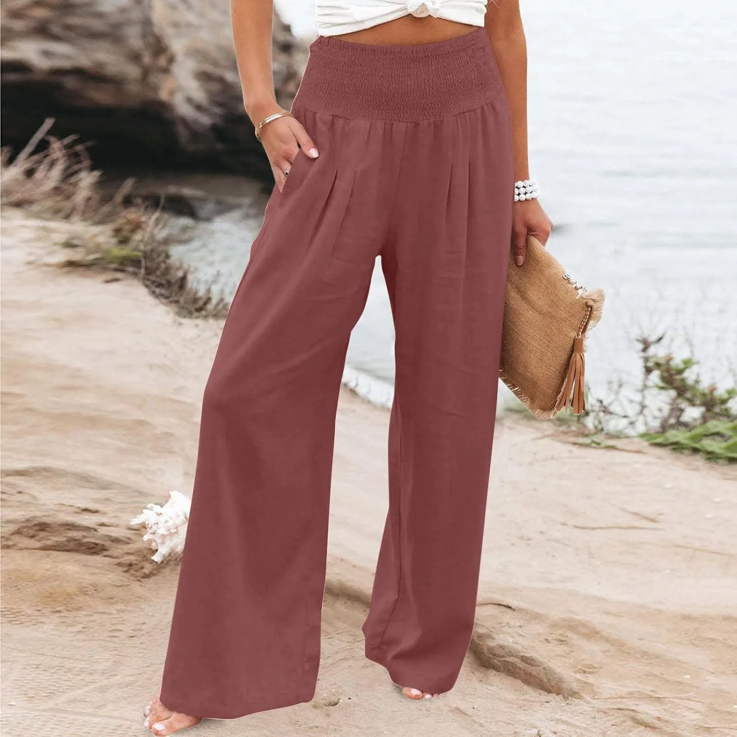 Womens Wide Leg Pants Elastic Waist Linen Pants Loose Straight Leg Pants Flowy Beach Capris Summer Resort Wear
