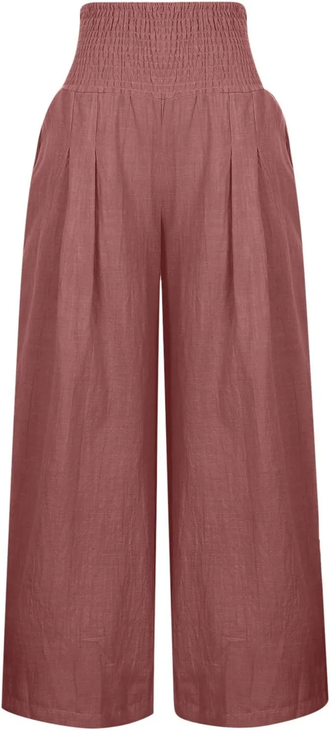 Womens Wide Leg Pants Elastic Waist Linen Pants Loose Straight Leg Pants Flowy Beach Capris Summer Resort Wear
