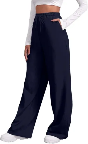 Womens Wide Leg Sweatpants Cozy Fleece Casual Jogger Pants Straight Leg Baggy Elastic High Waisted Yoga Pants