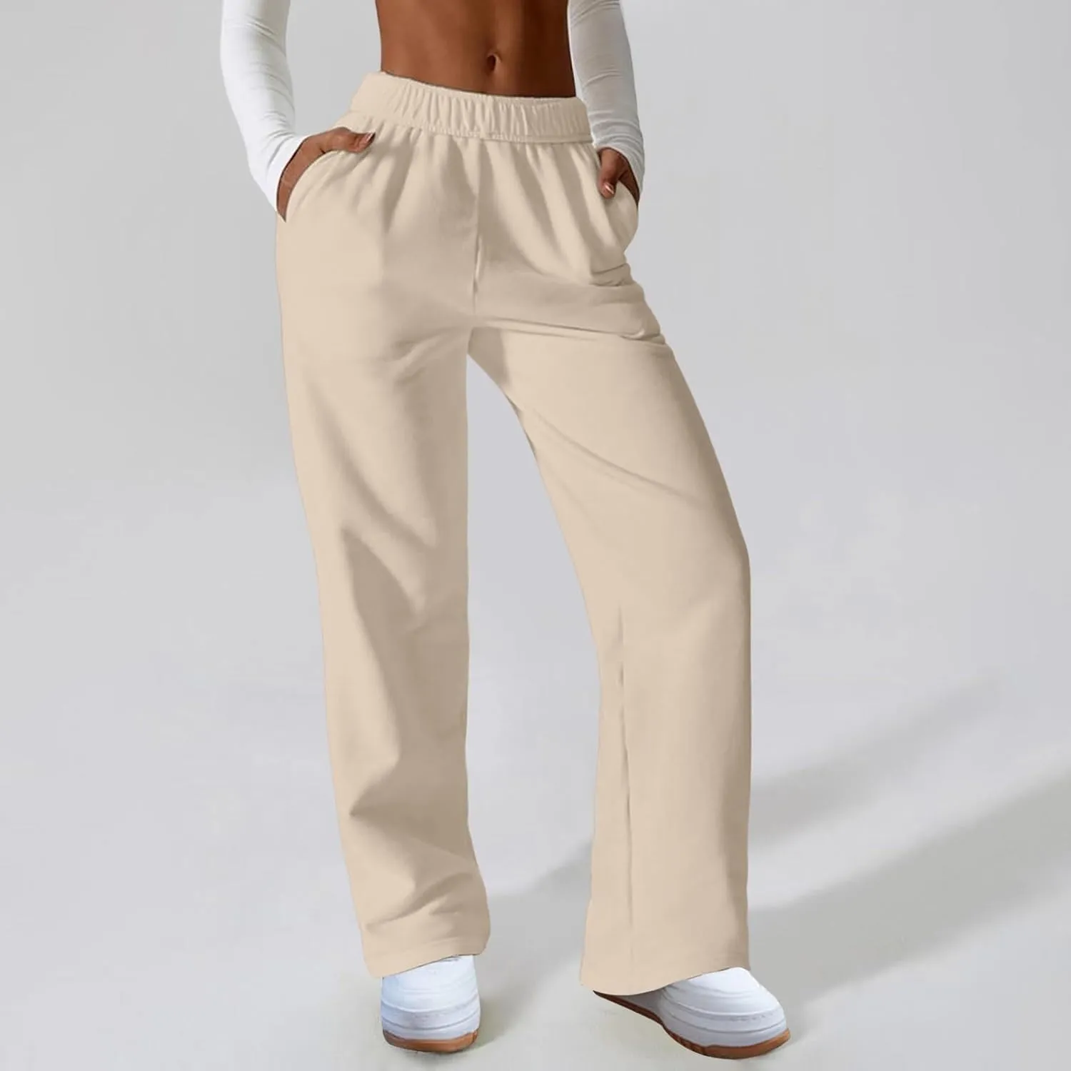 Womens Wide Leg Sweatpants Straight Leg Sweatpants Cotton High Waisted Baggy Athletic Joggers Lounge Pants with Pockets