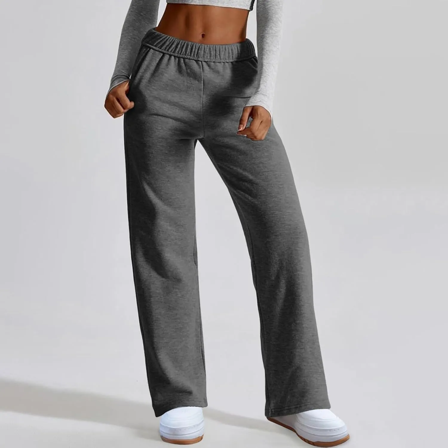 Womens Wide Leg Sweatpants Straight Leg Sweatpants Cotton High Waisted Baggy Athletic Joggers Lounge Pants with Pockets