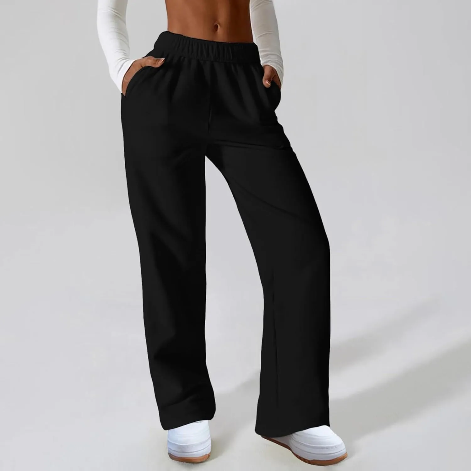 Womens Wide Leg Sweatpants Straight Leg Sweatpants Cotton High Waisted Baggy Athletic Joggers Lounge Pants with Pockets