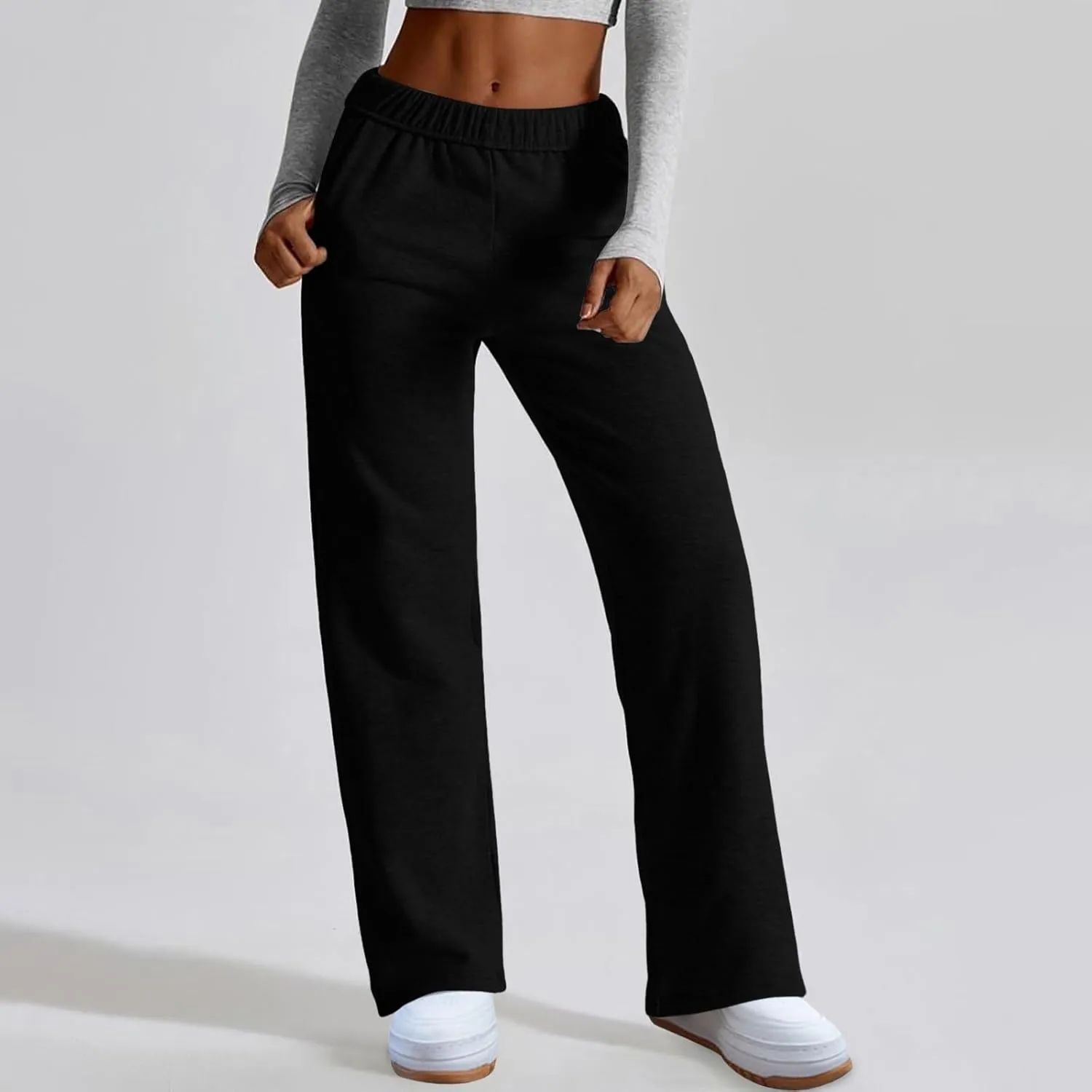 Womens Wide Leg Sweatpants Straight Leg Sweatpants Cotton High Waisted Baggy Athletic Joggers Lounge Pants with Pockets