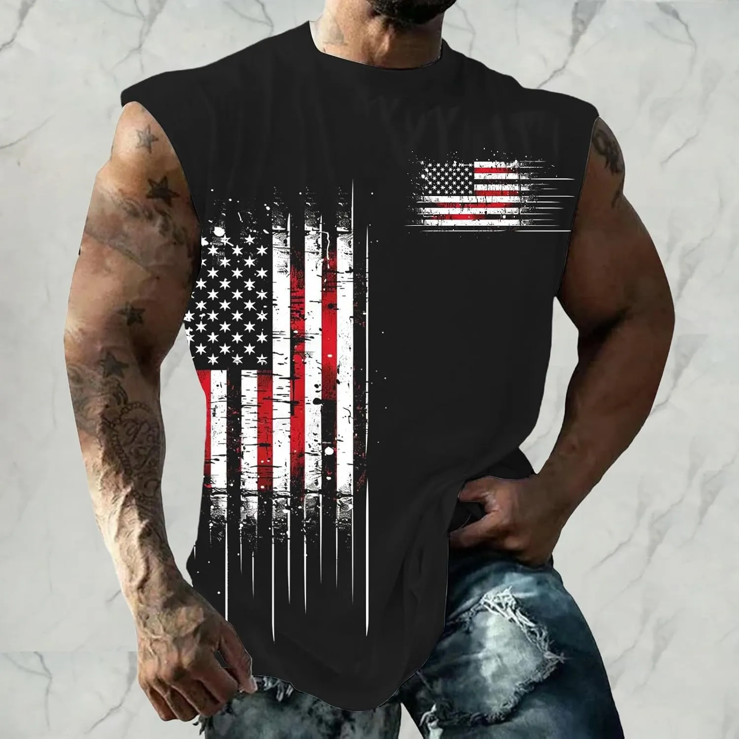 Workout Tank Tops Men American Flag Print Patriotic Crew Neck Sleeveless Shirts Summer Athletic Loose Fit Undershirt