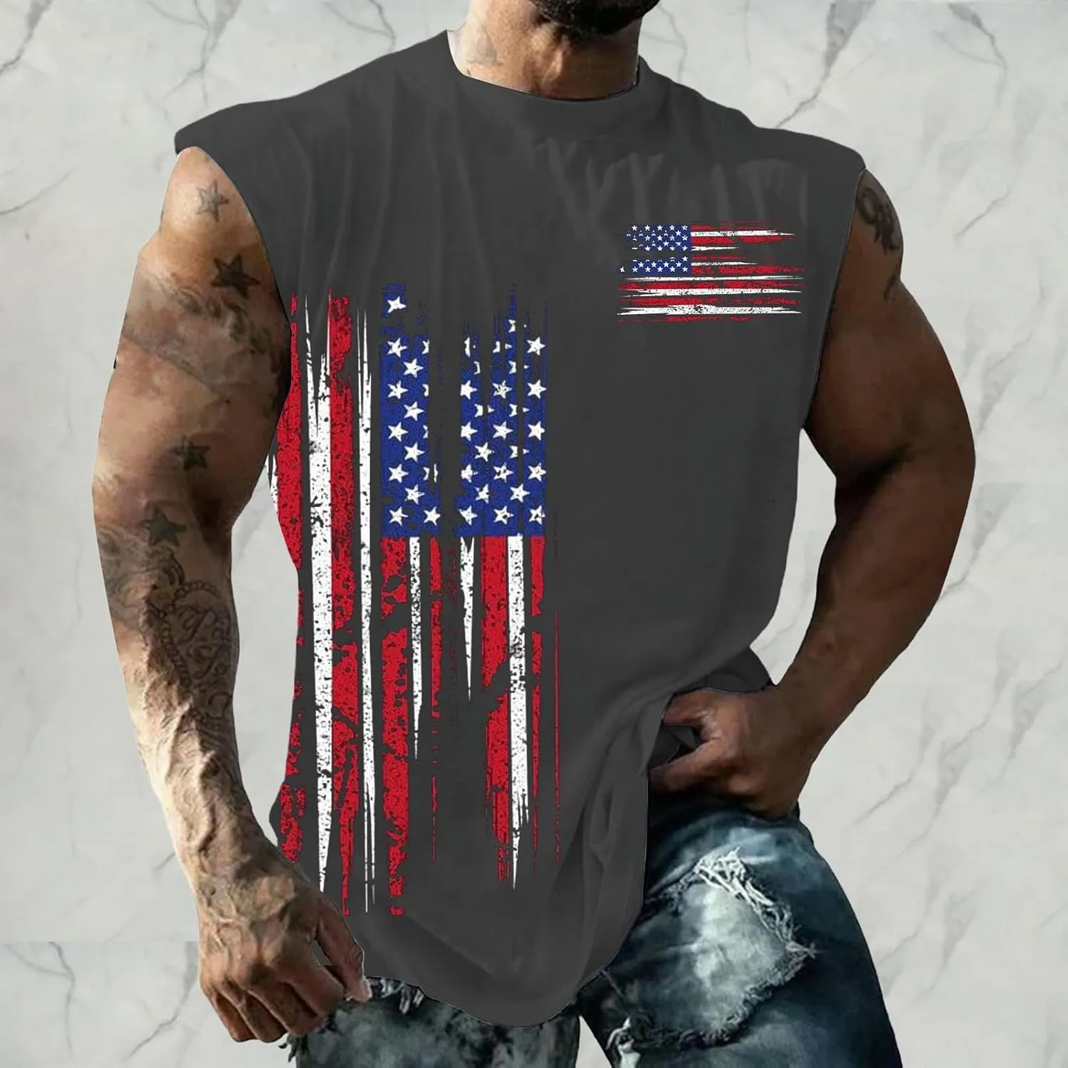 Workout Tank Tops Men American Flag Print Patriotic Crew Neck Sleeveless Shirts Summer Athletic Loose Fit Undershirt