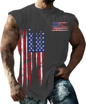 Workout Tank Tops Men American Flag Print Patriotic Crew Neck Sleeveless Shirts Summer Athletic Loose Fit Undershirt