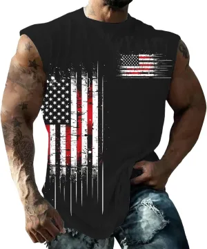 Workout Tank Tops Men American Flag Print Patriotic Crew Neck Sleeveless Shirts Summer Athletic Loose Fit Undershirt