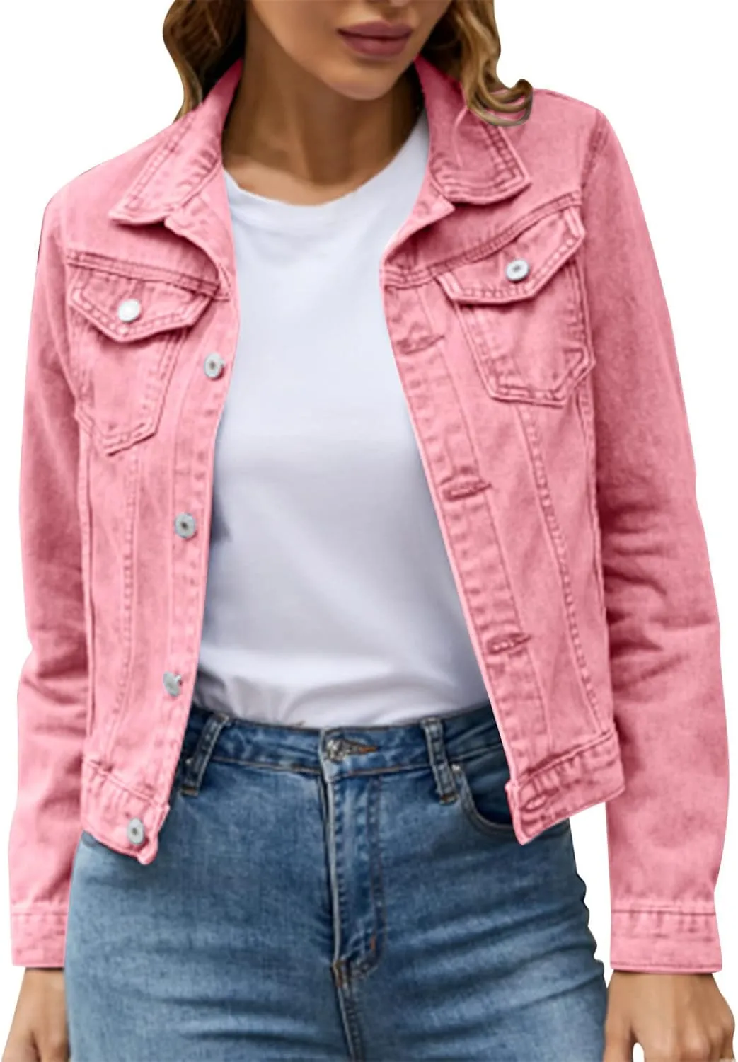 XUETON Womens Crop Denim Jacket Cropped Ripped Jeans Coat Stretchy Long Sleeve Slim Fit Button Down Wash Frayed Jeans Short Trucker Jackets with Pockets