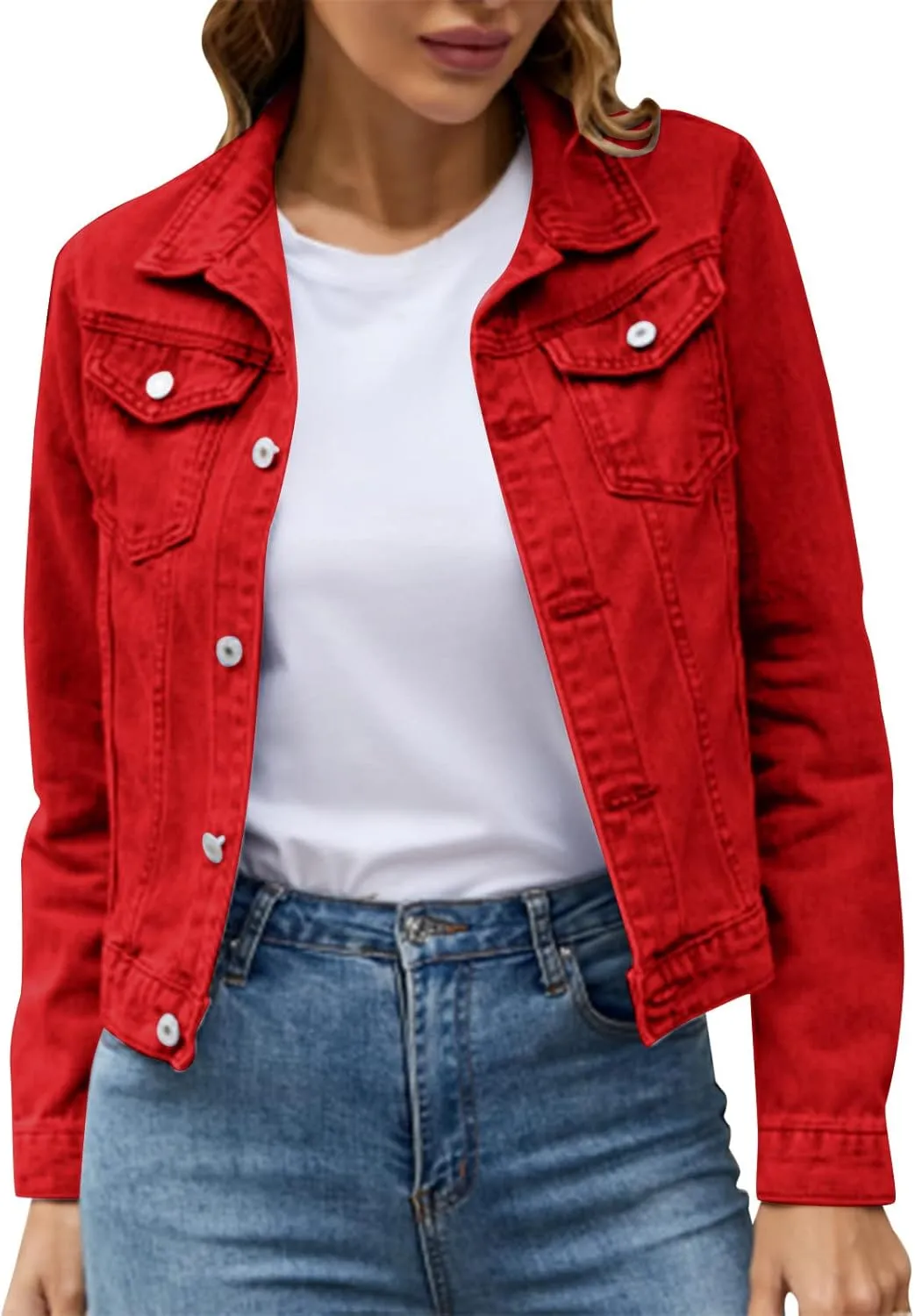 XUETON Womens Denim Jackets Casual Long Sleeve Ripped Frayed Hem Button Down Slim Fitted Cropped Jean Trucker Jackets