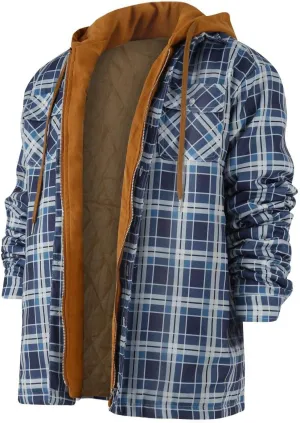 Ymosrh Men's Shirts Hooded Shirt Jacket Plaid Quilted Lined Long Sleeve Fall Winter Coat Button Down Shirts, M-5XL