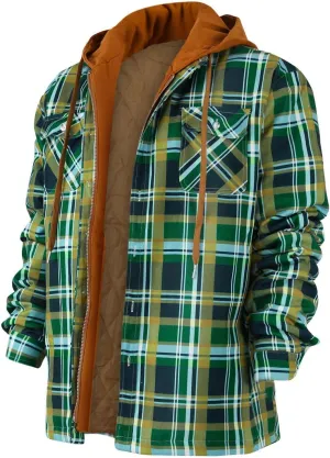 Ymosrh Men's Shirts Hooded Shirt Jacket Plaid Quilted Lined Long Sleeve Fall Winter Coat Button Down Shirts, M-5XL
