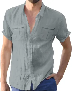 Ymosrh Men's Shirts Summer Solid Color Cotton Linen Short Sleeve Shirt Casual Fashion Loose Lapel Shirt Button Down, M-5XL