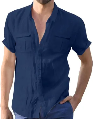 Ymosrh Men's Shirts Summer Solid Color Cotton Linen Short Sleeve Shirt Casual Fashion Loose Lapel Shirt Button Down, M-5XL
