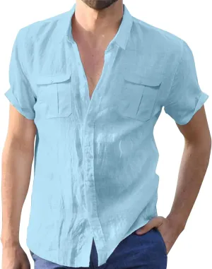 Ymosrh Men's Shirts Summer Solid Color Cotton Linen Short Sleeve Shirt Casual Fashion Loose Lapel Shirt Button Down, M-5XL