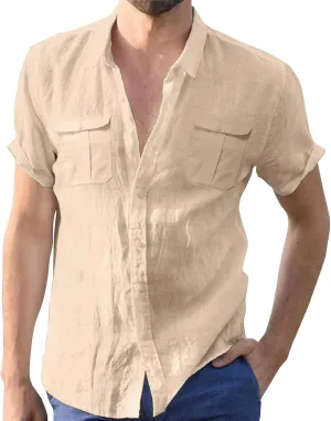 Ymosrh Men's Shirts Summer Solid Color Cotton Linen Short Sleeve Shirt Casual Fashion Loose Lapel Shirt Button Down, M-5XL