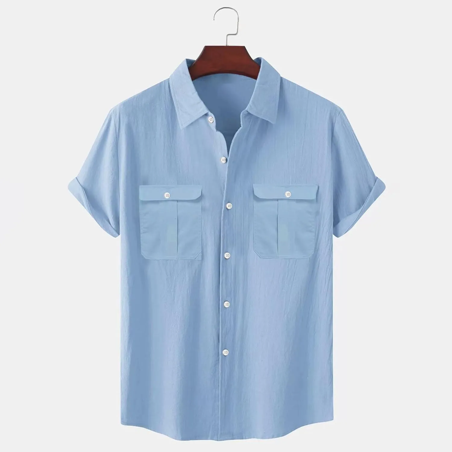 Ymosrh Men's Shirts Summer Solid Color Cotton Linen Short Sleeve Shirt Casual Fashion Loose Lapel Shirt Button Down, M-5XL