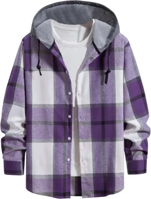 Ymosrh Men's Shirts with Hoods Plaid Shirts Jacket Casual Long Sleeve Button Down Lightweight Hooded Shirt, M-2XL