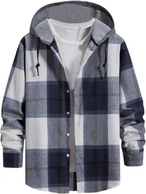 Ymosrh Men's Shirts with Hoods Plaid Shirts Jacket Casual Long Sleeve Button Down Lightweight Hooded Shirt, M-2XL