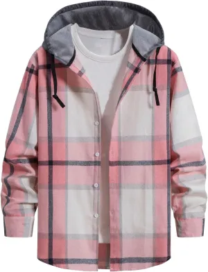 Ymosrh Men's Shirts with Hoods Plaid Shirts Jacket Casual Long Sleeve Button Down Lightweight Hooded Shirt, M-2XL