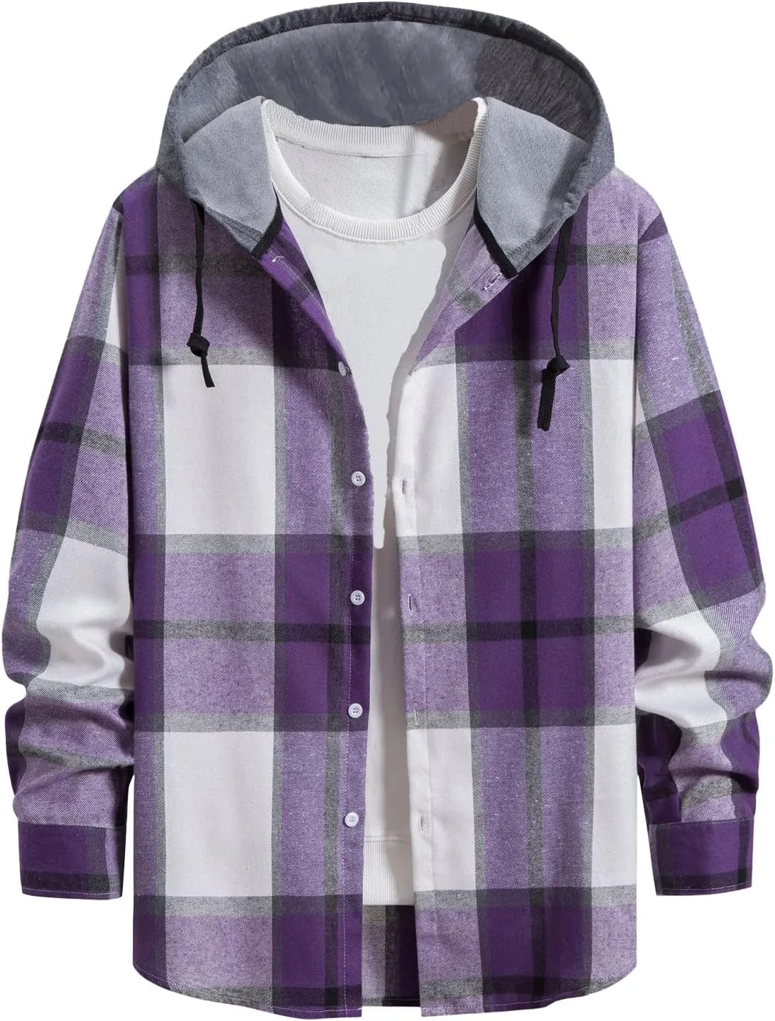 Ymosrh Men's Shirts with Hoods Plaid Shirts Jacket Casual Long Sleeve Button Down Lightweight Hooded Shirt, M-2XL