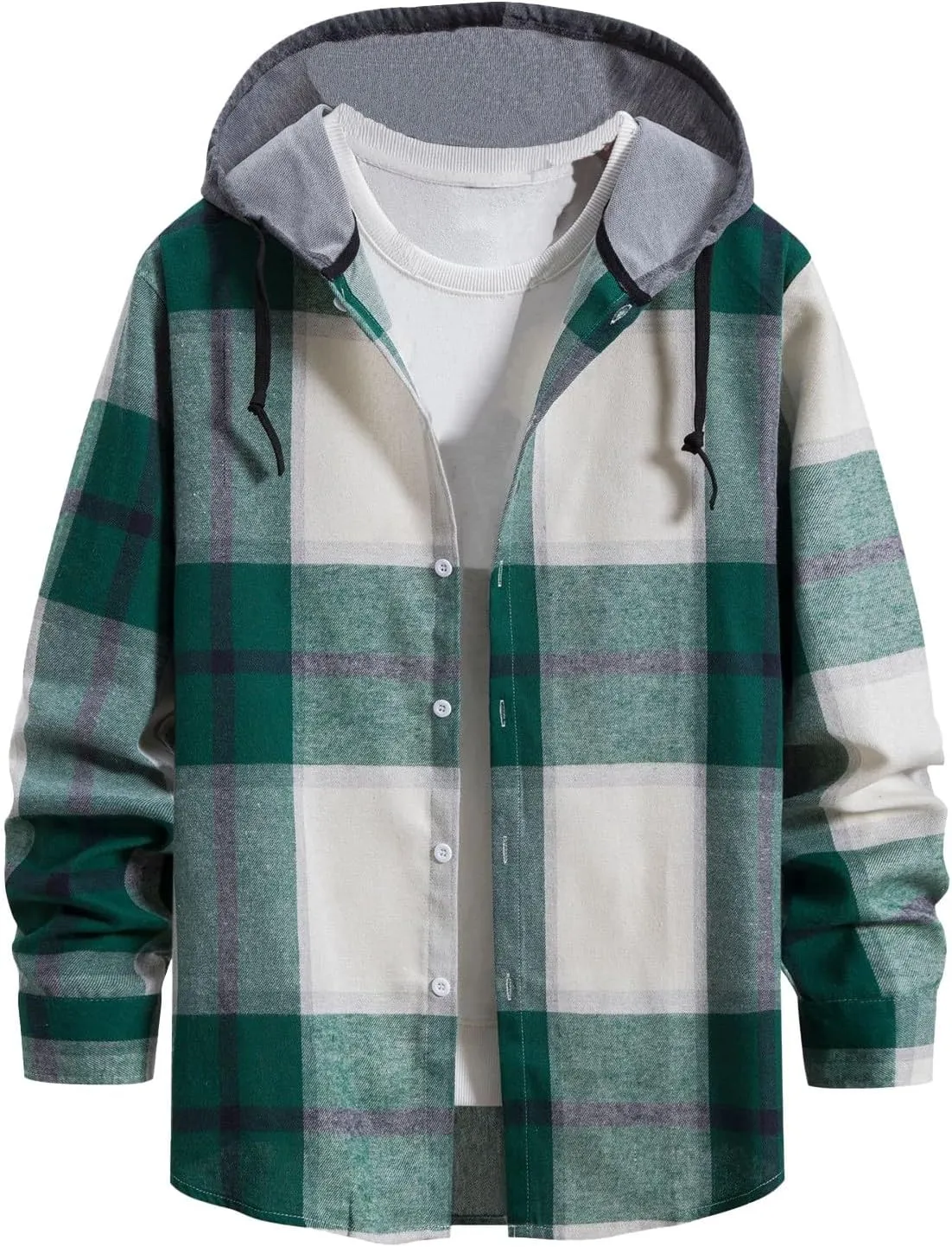 Ymosrh Men's Shirts with Hoods Plaid Shirts Jacket Casual Long Sleeve Button Down Lightweight Hooded Shirt, M-2XL