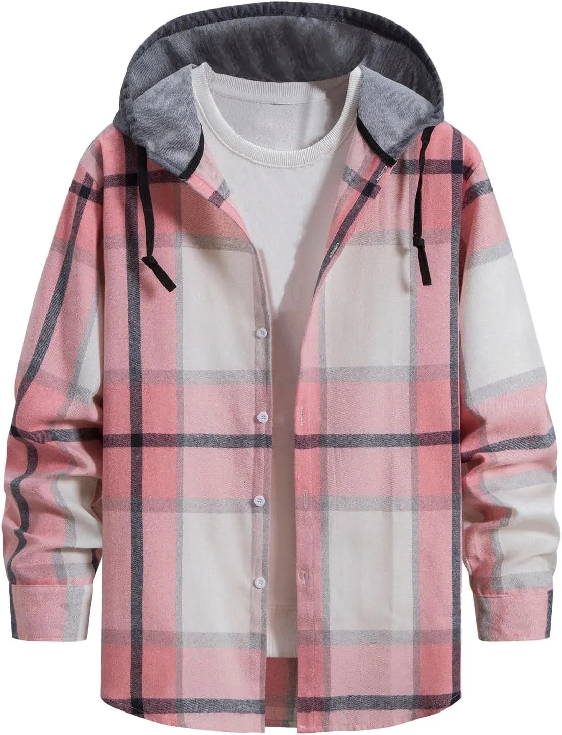 Ymosrh Men's Shirts with Hoods Plaid Shirts Jacket Casual Long Sleeve Button Down Lightweight Hooded Shirt, M-2XL